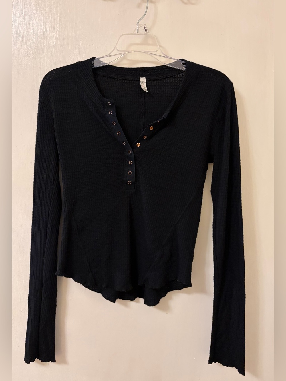 Free People Black Ribbed Long-Sleeve Henley Top
